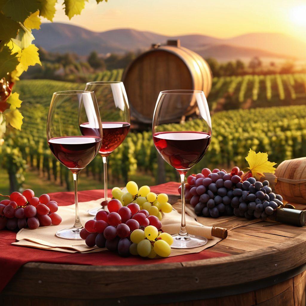 A luxurious wine tasting scene featuring elegantly dressed wine enthusiasts swirling glasses of red and white wine, surrounded by vines and barrels, with a lavish table set for a celebration. Include a sunset backdrop casting a warm glow, highlighting the rich colors of the wines and grapes. super-realistic. vibrant colors. 3D.