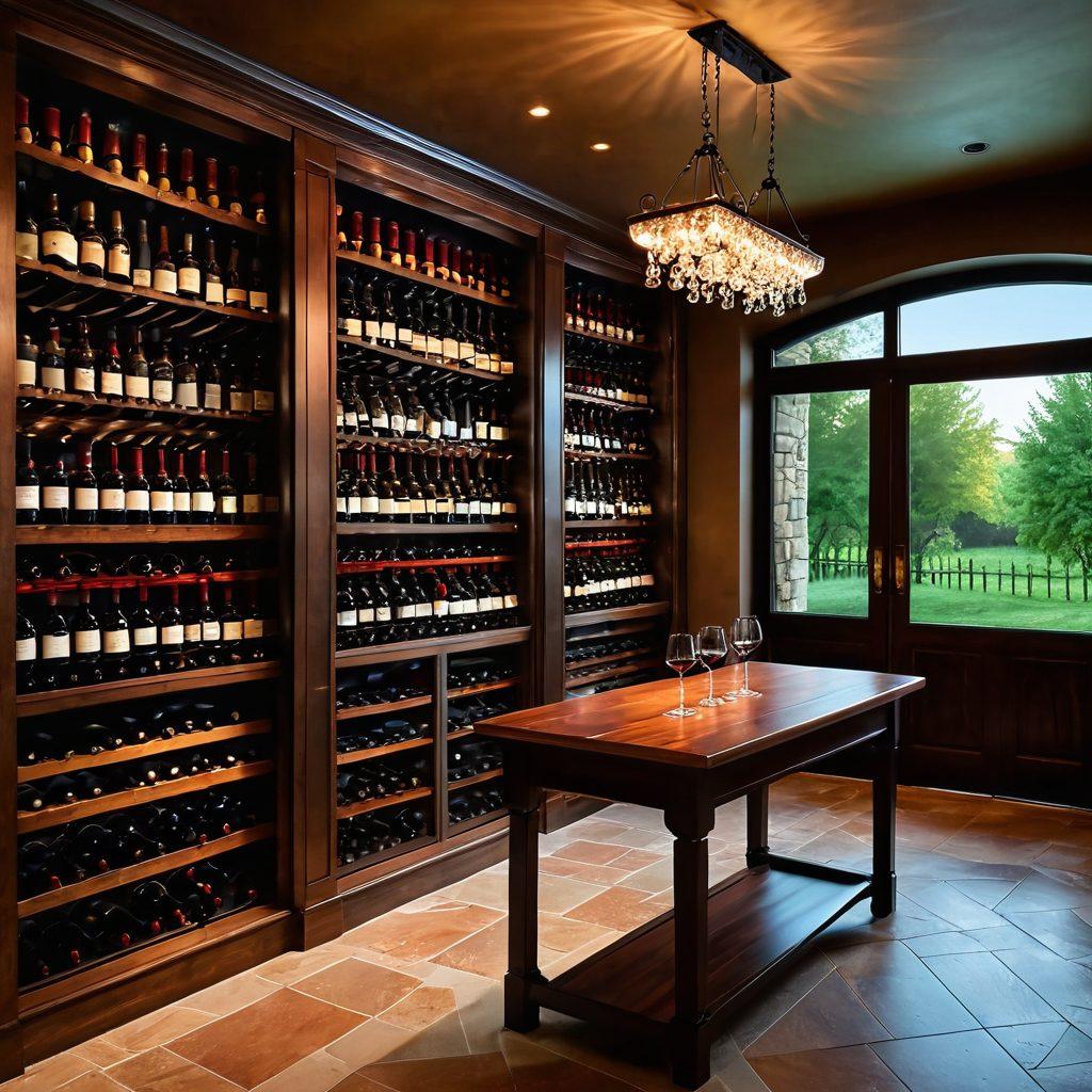 A luxurious wine cellar adorned with elegant wooden racks filled with fine wine bottles, soft ambient lighting creating a warm atmosphere, a stylish wine tasting table set for an exclusive gathering with crystal glasses and a vintage wine decanter, backgrounds of lush vineyards visible through large windows, evoking a sense of elite community and sophistication. super-realistic. vibrant colors. warm tones.
