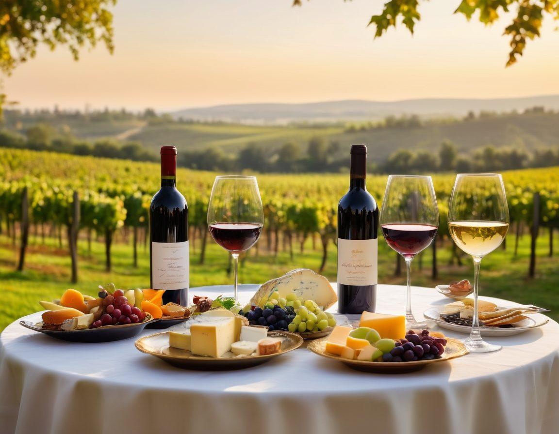 A luxurious table set for a wine tasting event, adorned with various exquisite wine bottles, elegant glassware, and gourmet food pairings like cheeses and fruits. The ambiance is warm, with soft lighting and a backdrop of a vineyard in the distance, creating a celebratory atmosphere. Include people joyously clinking wine glasses in the foreground. Painting. Vibrant colors. Elegant style.
